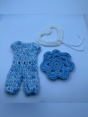 Vtg Handmade Crochet Doll Clothes Blue Romper Accessories Lot heart scrapbook